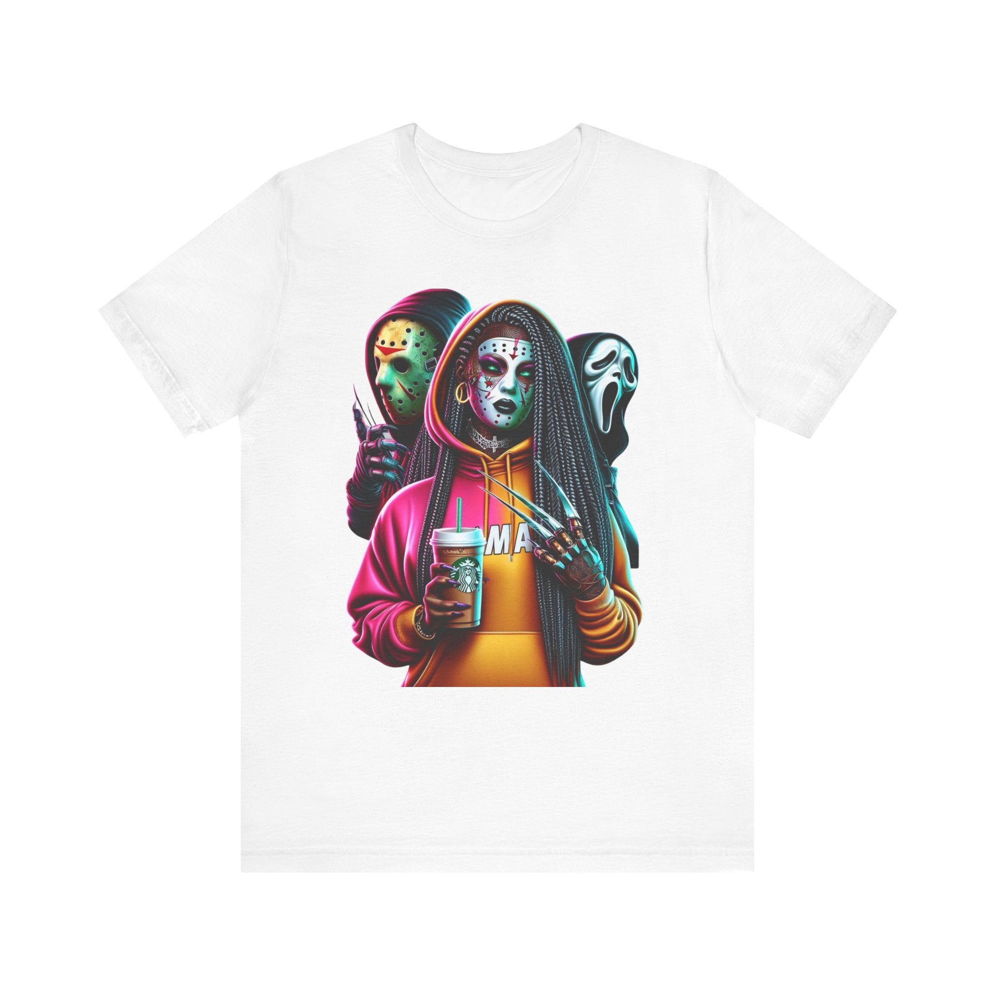 Horror Squad Streetwear Tee – Jason, Ghostface & Slasher Mask Graphic T-Shirt | Halloween Coffee Lover Shirt