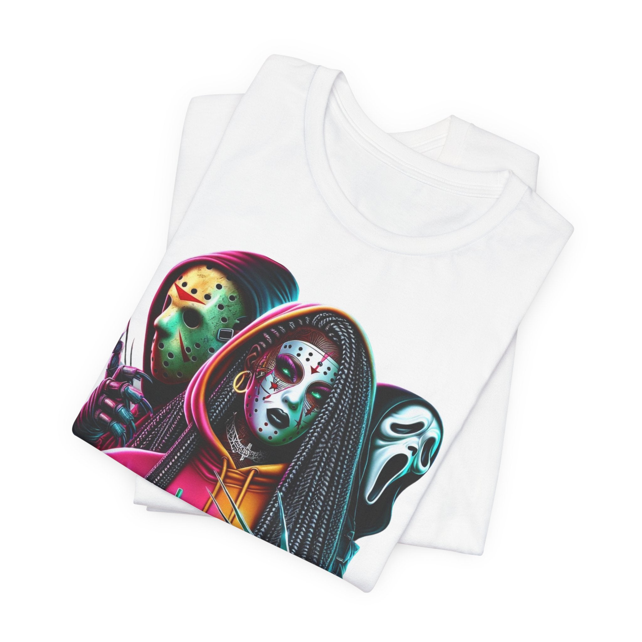Horror Squad Streetwear Tee – Jason, Ghostface & Slasher Mask Graphic T-Shirt | Halloween Coffee Lover Shirt