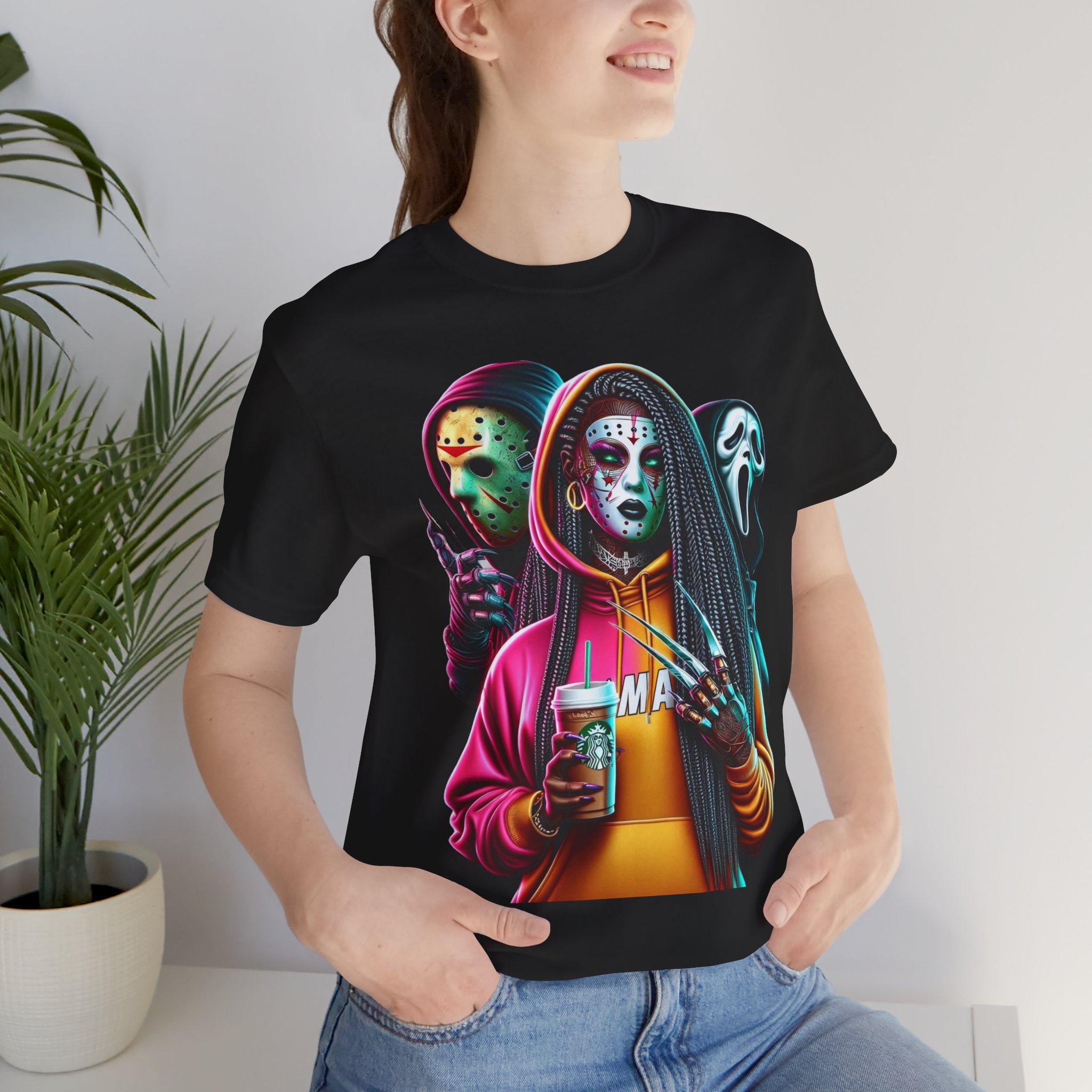Horror Squad Streetwear Tee – Jason, Ghostface & Slasher Mask Graphic T-Shirt | Halloween Coffee Lover Shirt