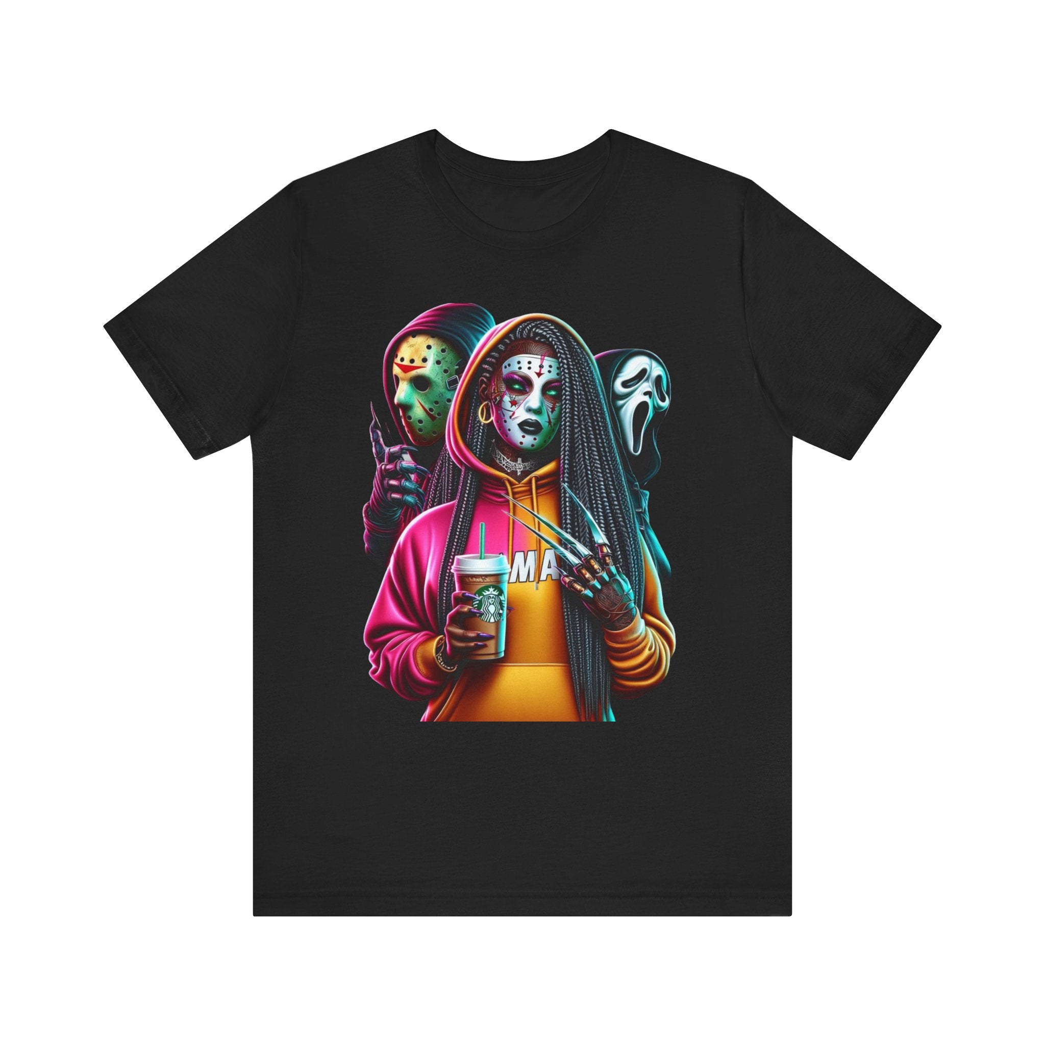 Horror Squad Streetwear Tee – Jason, Ghostface & Slasher Mask Graphic T-Shirt | Halloween Coffee Lover Shirt