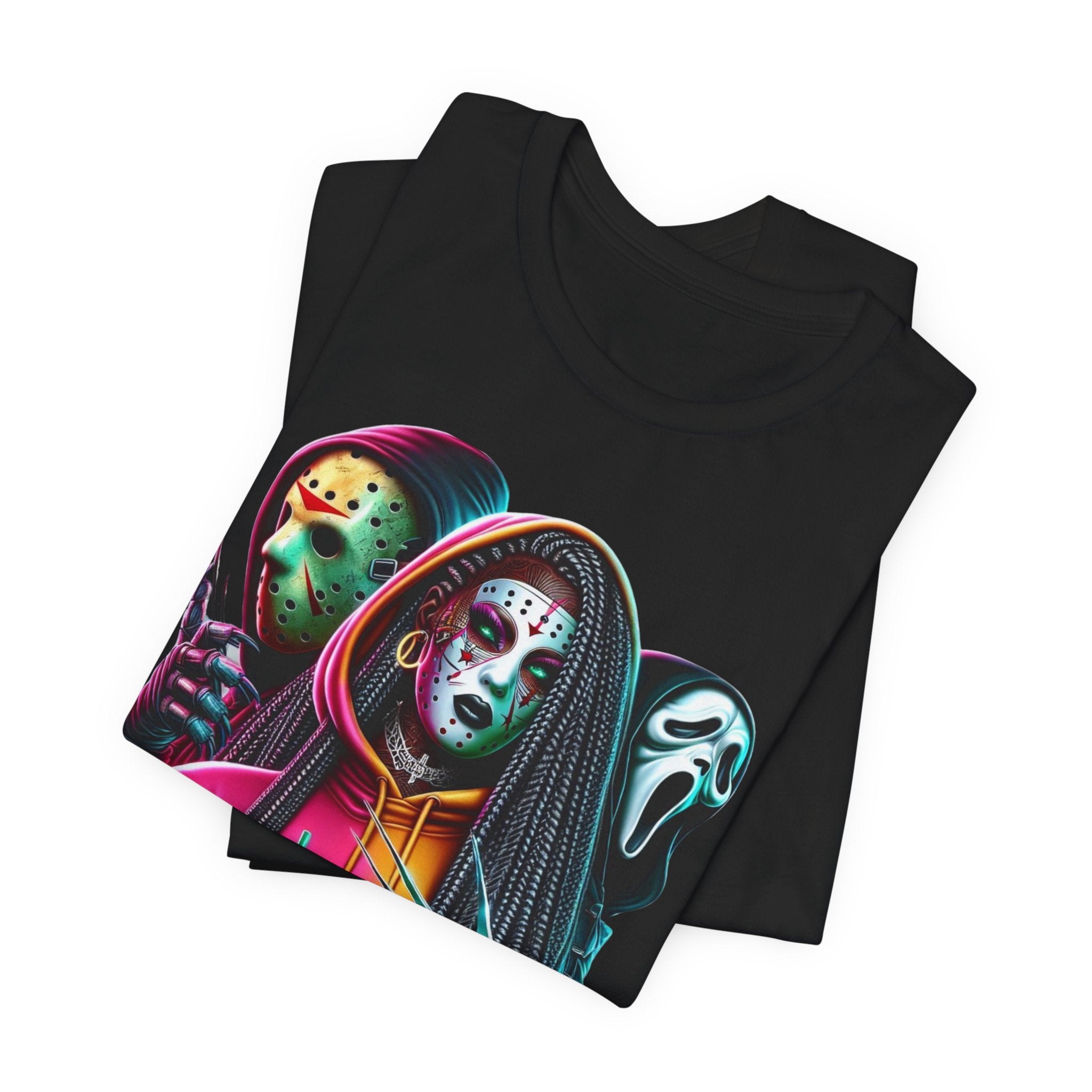 Horror Squad Streetwear Tee – Jason, Ghostface & Slasher Mask Graphic T-Shirt | Halloween Coffee Lover Shirt