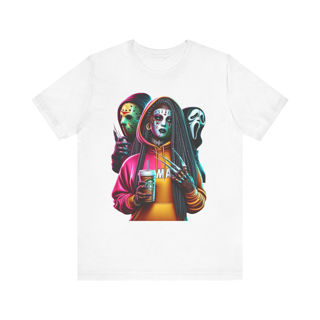 Horror Squad Streetwear Tee – Jason, Ghostface & Slasher Mask Graphic T-Shirt | Halloween Coffee Lover Shirt