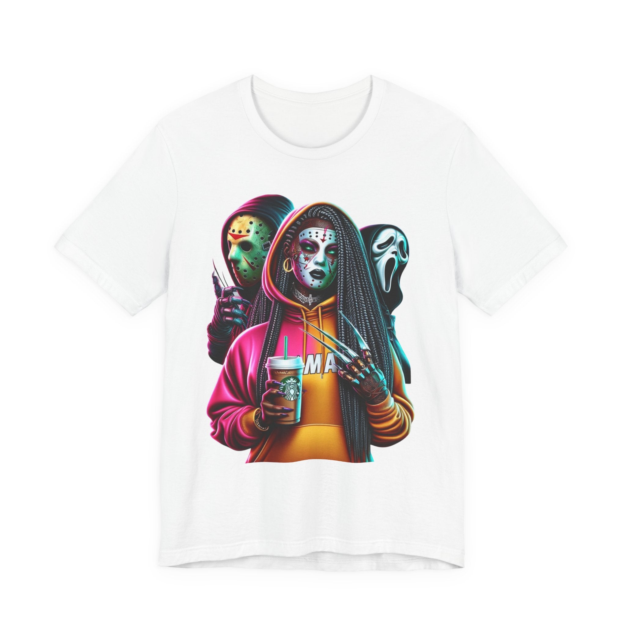 Horror Squad Streetwear Tee – Jason, Ghostface & Slasher Mask Graphic T-Shirt | Halloween Coffee Lover Shirt