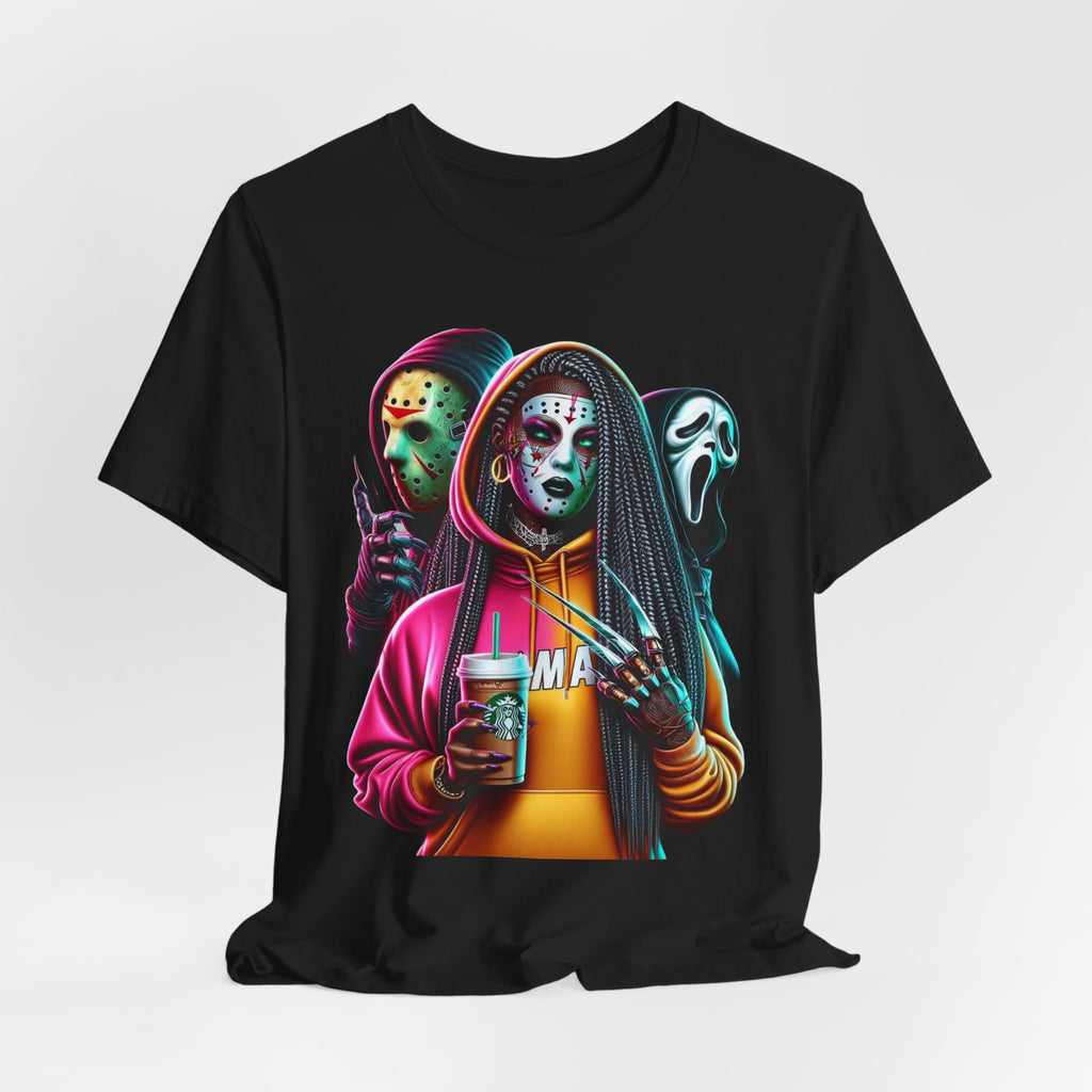 Horror Squad Streetwear Tee – Jason, Ghostface & Slasher Mask Graphic T-Shirt | Halloween Coffee Lover Shirt
