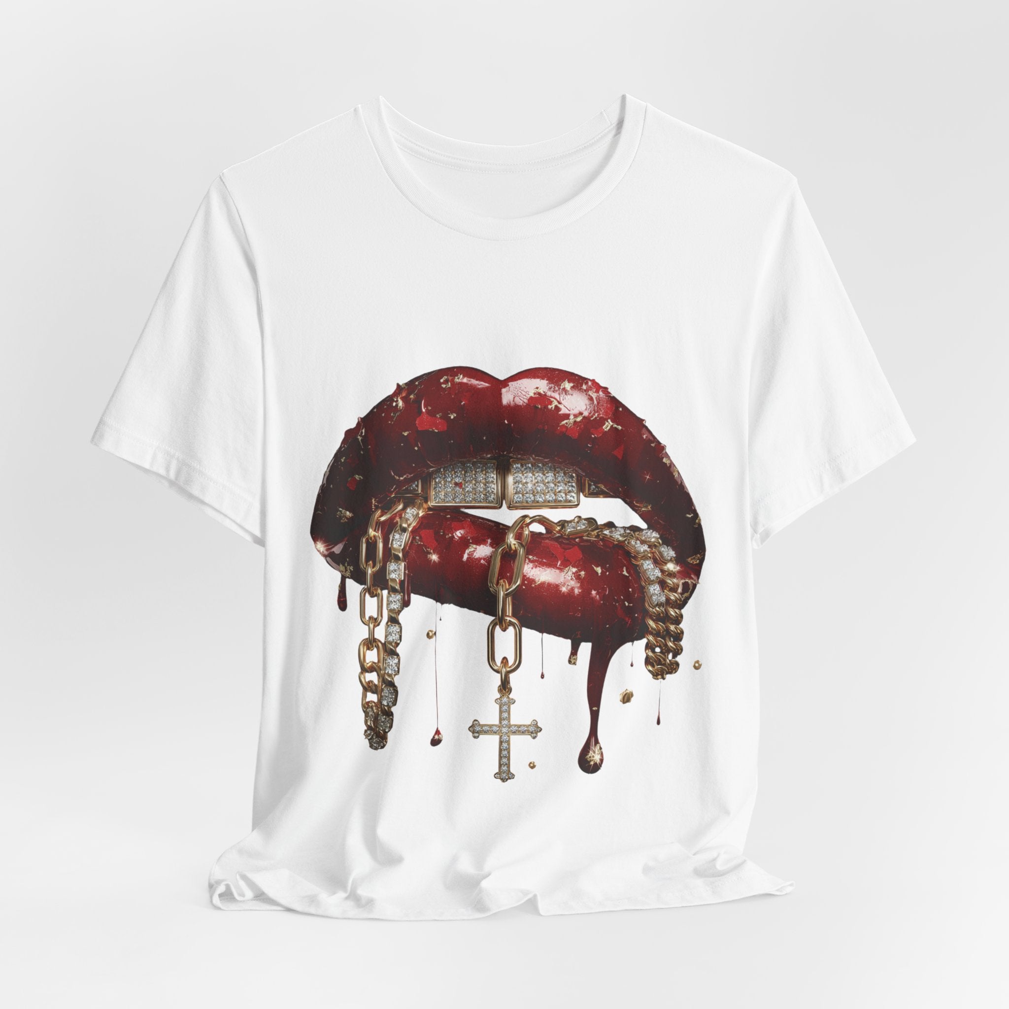 Dripping Luxe Lips Graphic Tee – Gold Chains & Grillz Streetwear T-Shirt