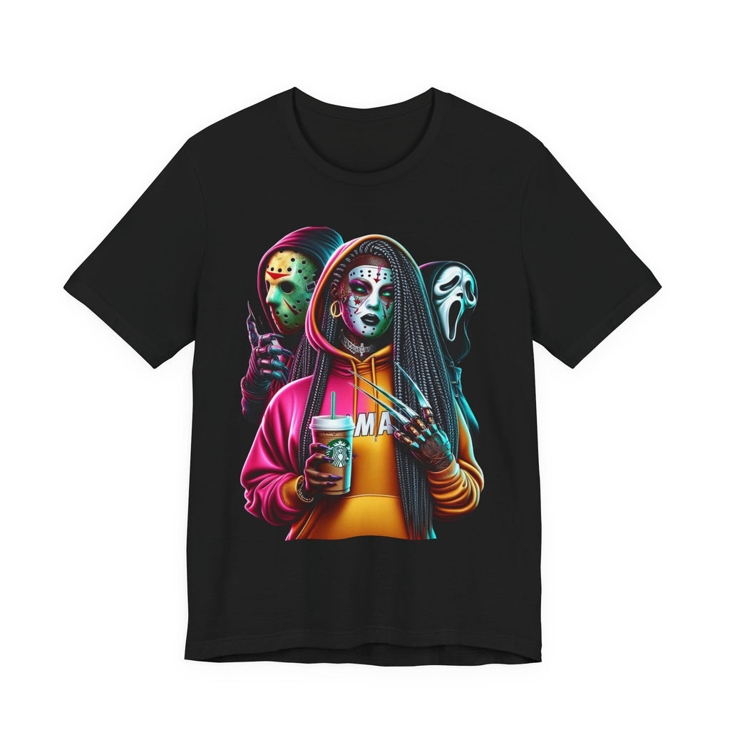 Horror Squad Streetwear Tee – Jason, Ghostface & Slasher Mask Graphic T-Shirt | Halloween Coffee Lover Shirt