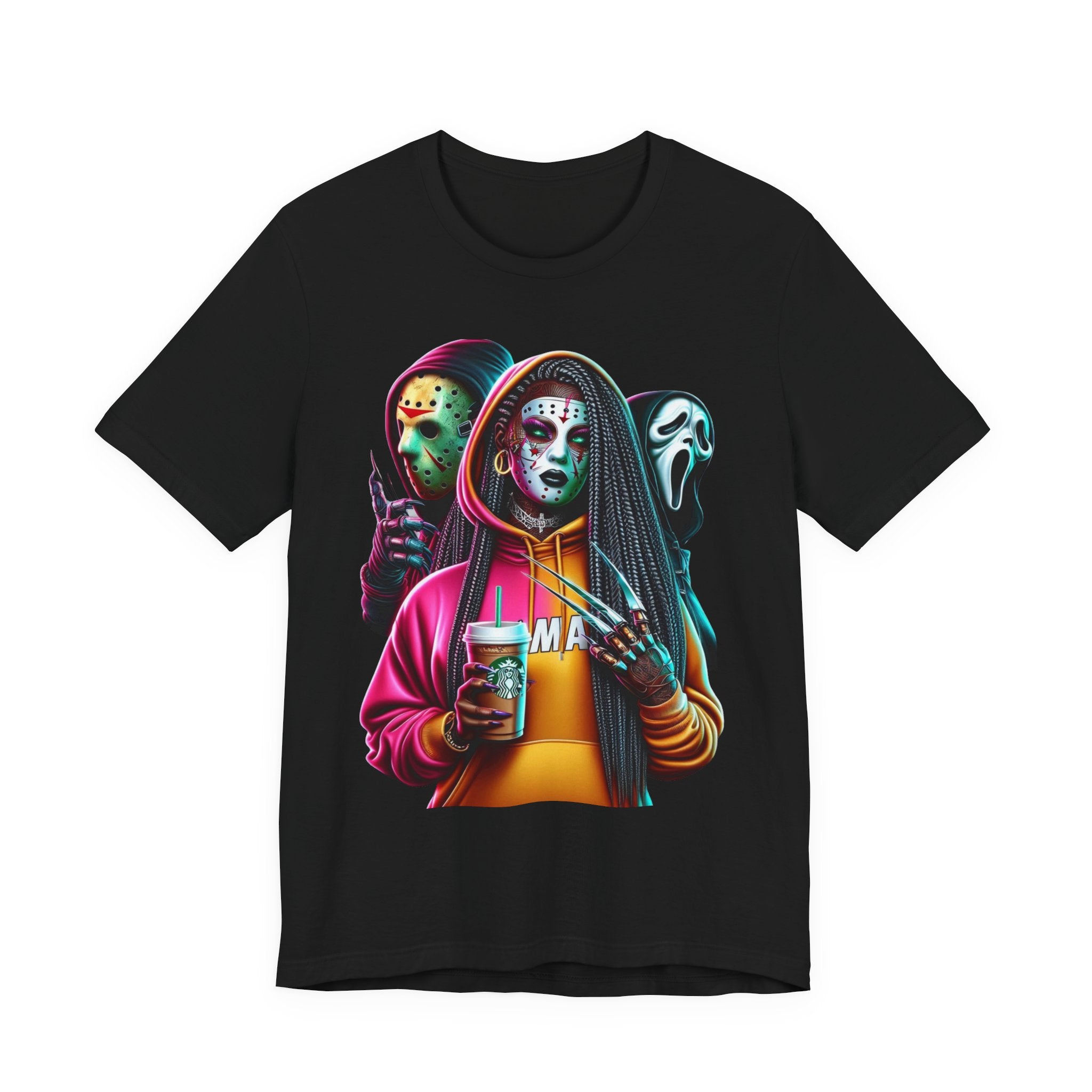 Horror Squad Streetwear Tee – Jason, Ghostface & Slasher Mask Graphic T-Shirt | Halloween Coffee Lover Shirt