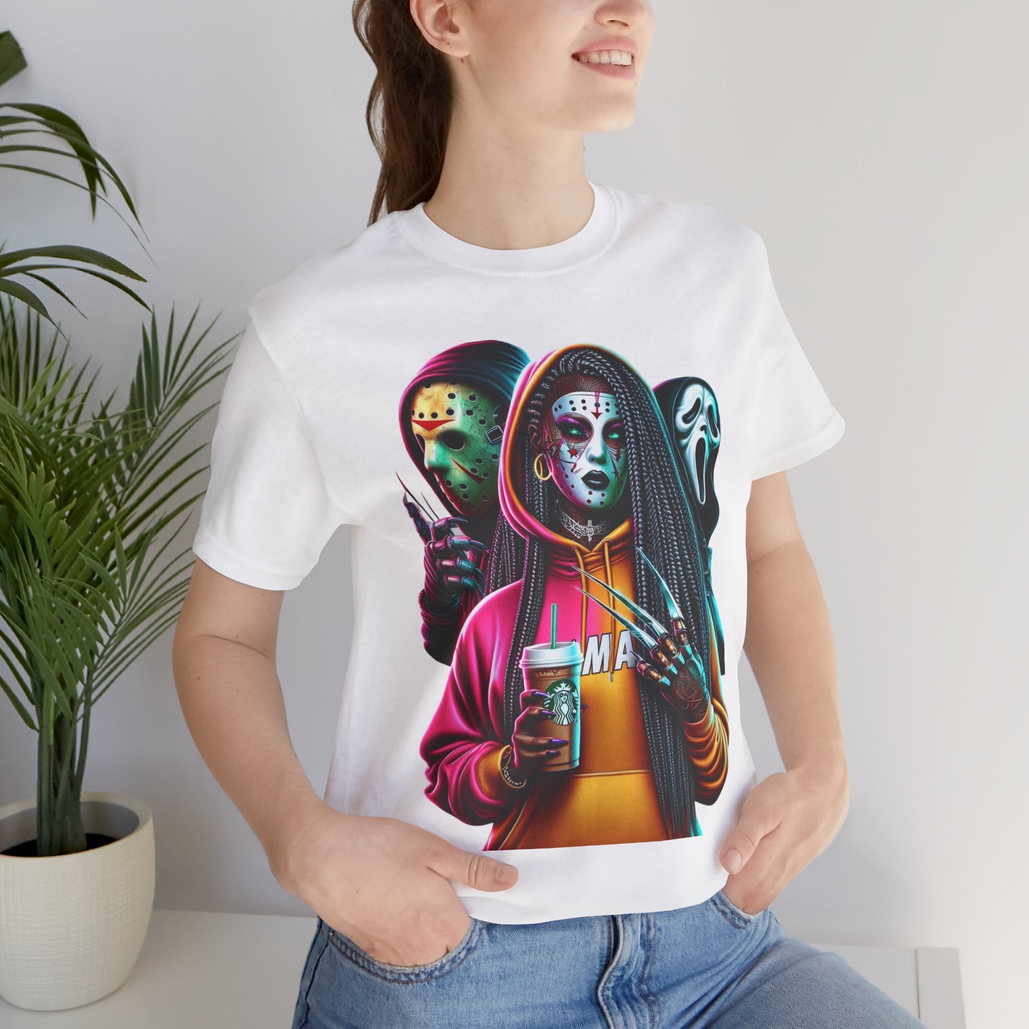 Horror Squad Streetwear Tee – Jason, Ghostface & Slasher Mask Graphic T-Shirt | Halloween Coffee Lover Shirt